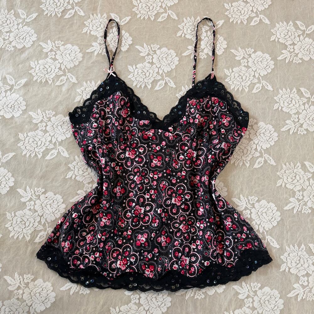 Y2K Floral Lace Sequin Cami Top Size L